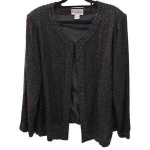 Vintage Laurence Kazar Silk Jacket Womens 2XL Black Floral Beaded Sequined